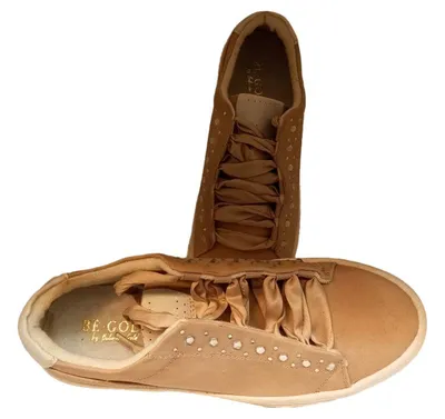 BE GOLD Damen Sneaker Low Beige Gr. 38 Strass Perlen Satin Schnürung