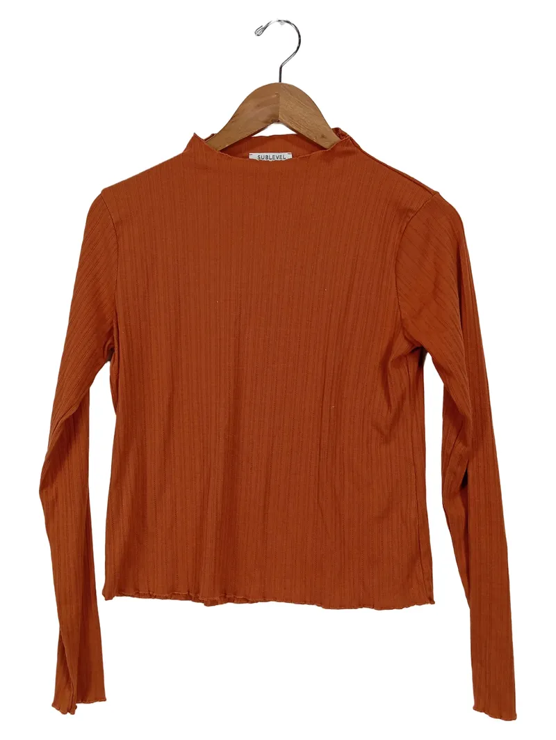 Sublevel Damen Langarmshirt Orange Gr. 38/M Stehkragen Rippstrick Casual 1