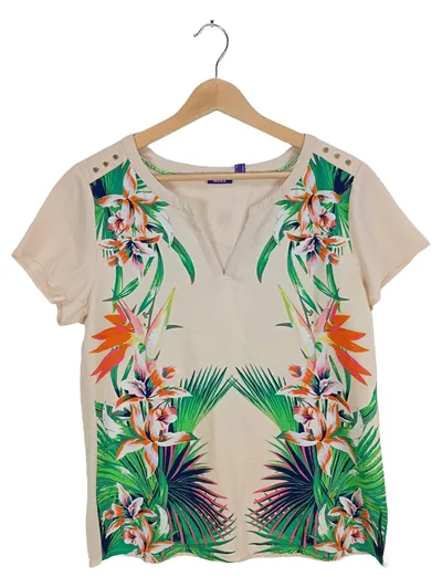 MEXX Damen T-Shirt Gr. 42/XL Beige Tropisches Blumenmuster Kurzarm