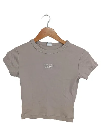 Reebok Damen Sport Shirt Gr. 36/S Beige Rippstrick Kurzarm Crop Top