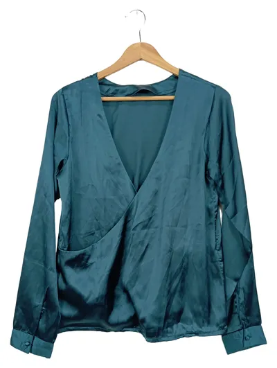 Rut&Circle Damen Bluse Elegant Petrol Langarm Gr. 40 L Uni Polyester