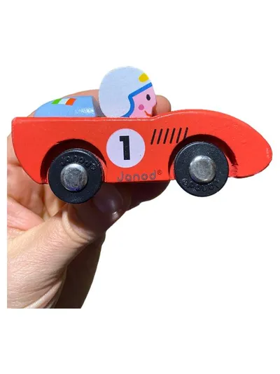 Janod Holzauto Rennwagen Nr. 1 mit Fahrer Rot Holzspielzeug Kinder