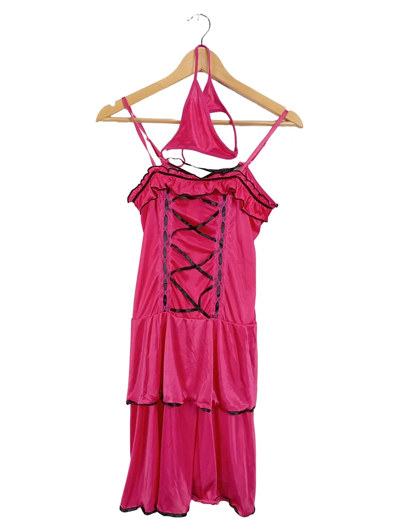 SCHNABEL Damen Nachthemd Pink Spitze Rüschen Schnürung Gr. S/M Sexy Negligee 1
