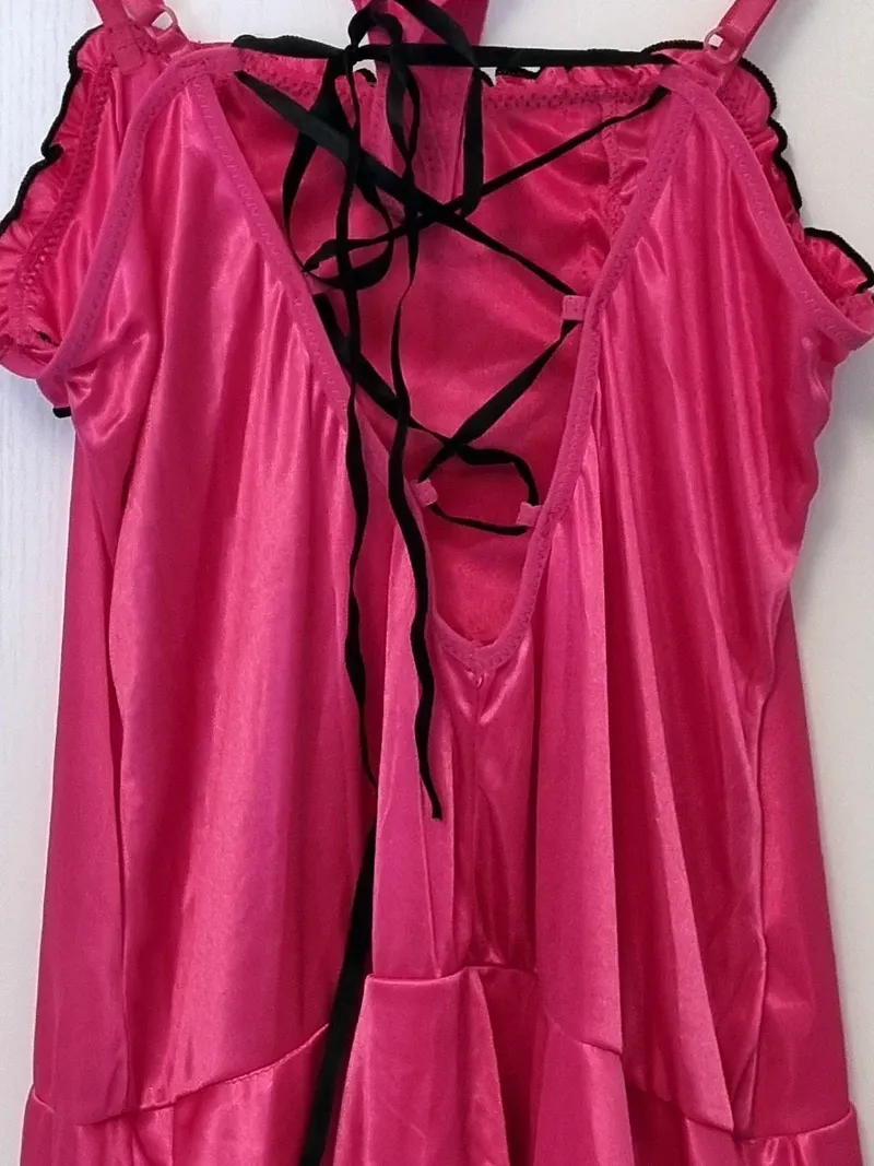 SCHNABEL Damen Nachthemd Pink Spitze Rüschen Schnürung Gr. S/M Sexy Negligee 4