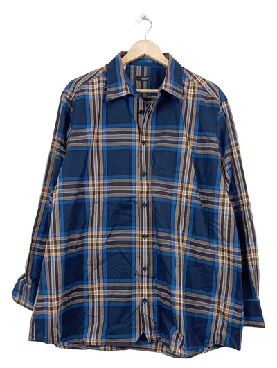 Walbusch Herren Freizeithemd Kariert Blau Baumwolle Langarm Gr. 44 XXL