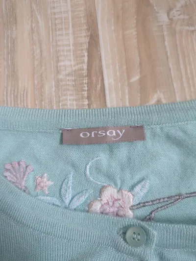 ORSAY Damen Strickjacke Gr. 38/M Türkis Blumenstickerei Cardigan