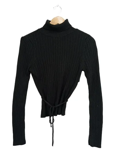 ASOS Design Damen Rollkragenpullover Rippstrick Schnürung Gr. 38 Schwarz