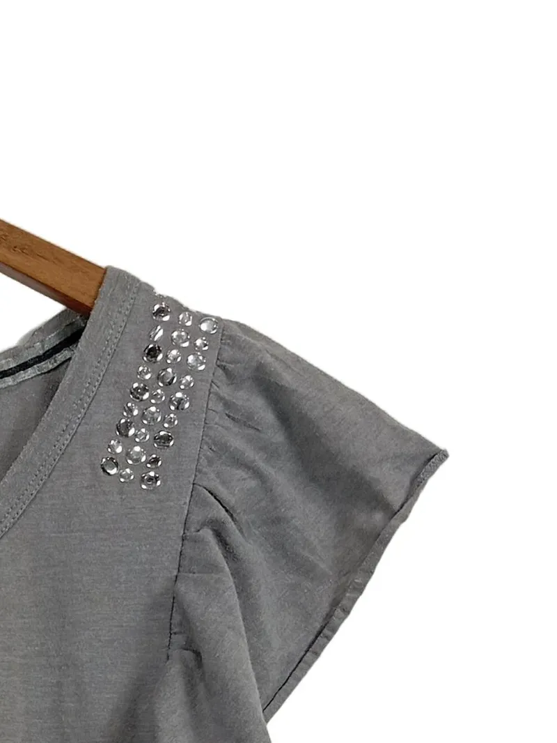 Banana Republic Damen T-Shirt Gr. 42 Grau Nieten Rüschen Casual 2