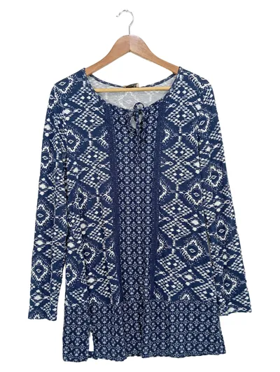 Boysen's Damen Langarmshirt Gr. 40 L Blau Ethno Muster Casual Viskose