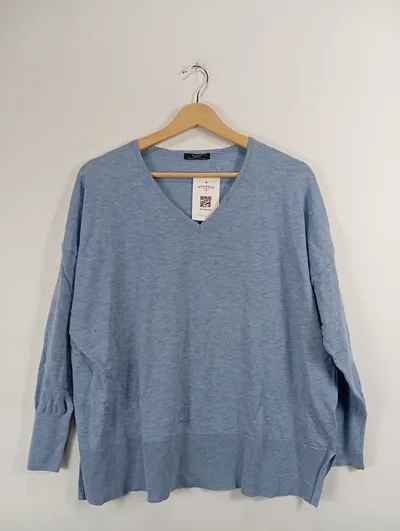 Parfois Damen Pullover V-Ausschnitt Langarm Blau Meliert Gr. 40/L