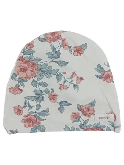 Newbie Baby Mütze Blumenmuster Weiß Rosa Baumwolle Beanie