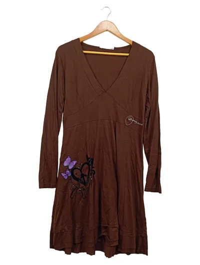 Desigual Damen Kleid Gr. L Braun Langarm Schmetterling V-Ausschnitt