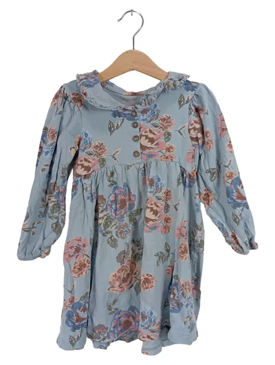 Next Mädchen Blusenkleid Blumenmuster Rüschen Langarm Blau Gr. 110