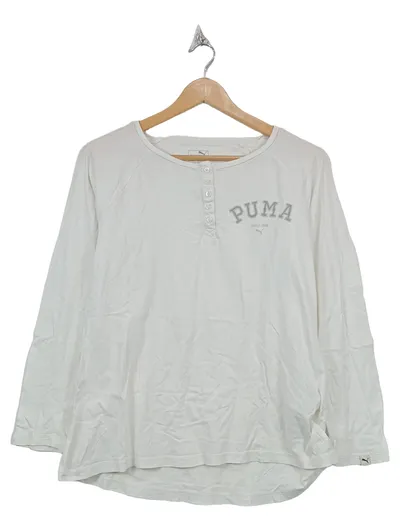 Puma Damen Langarmshirt Henley Weiß Gr. 42/XL Baumwolle Logo Print Freizeit