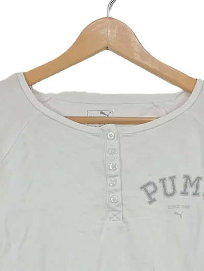 Puma Damen Langarmshirt Henley Weiß Gr. 42/XL Baumwolle Logo Print Freizeit