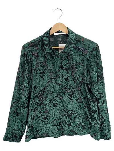 Uterqüe Damen Bluse Gr. M Grün Samt Floralmuster Perlenbesatz Elegant