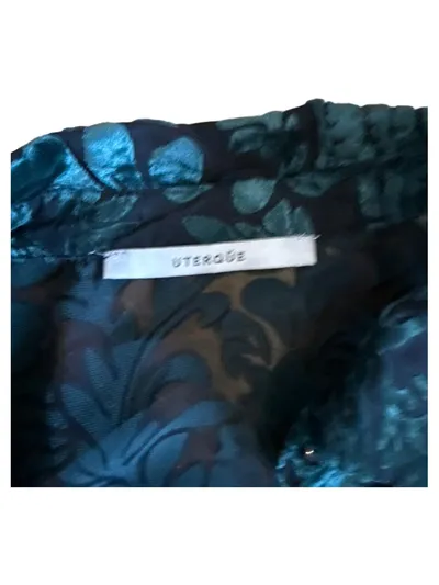 Uterqüe Damen Bluse Gr. M Grün Samt Floralmuster Perlenbesatz Elegant
