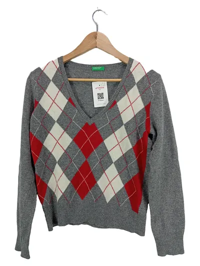 United Colors of Benetton Damen Pullover Argyle Wolle Gr. M Grau Rot