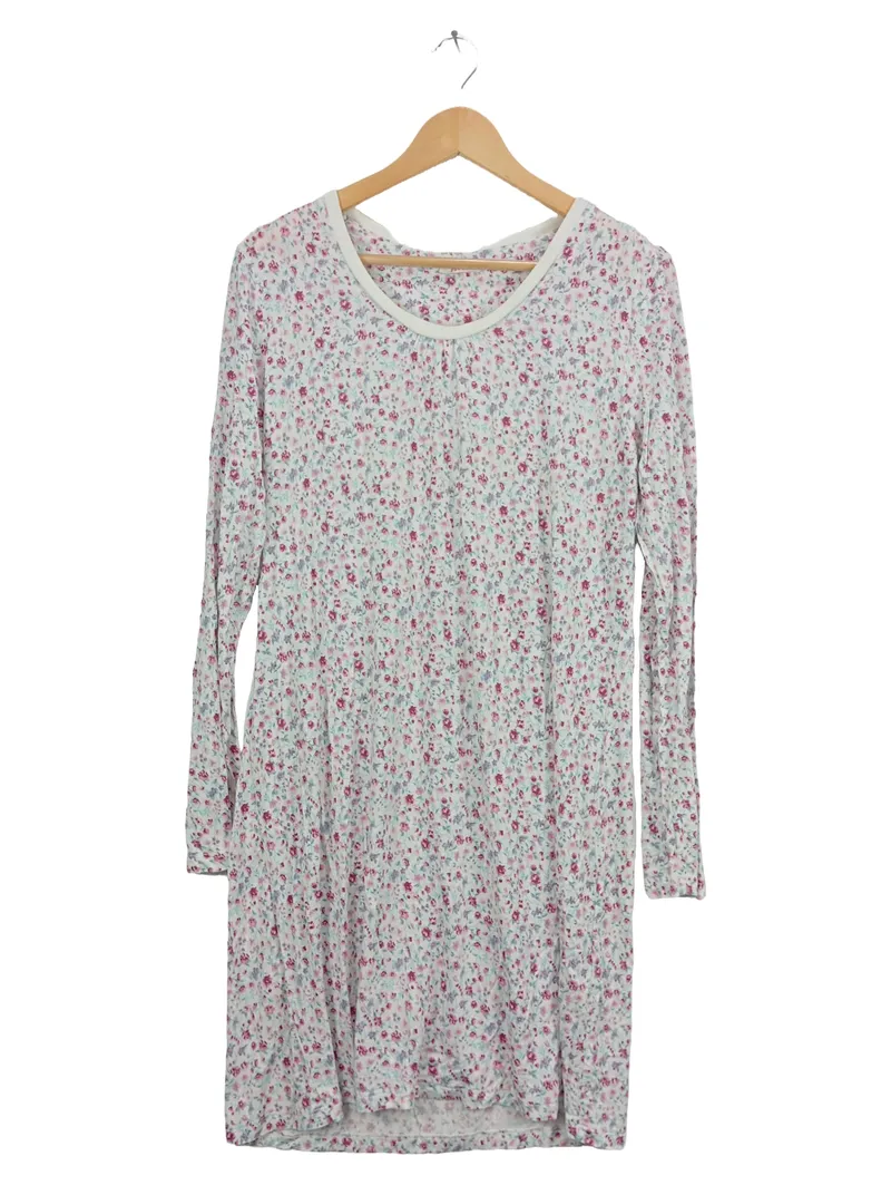 Esprit Nachthemd Damen Gr. 42/XL Weiß Blumenmuster Langarm Viskose 1