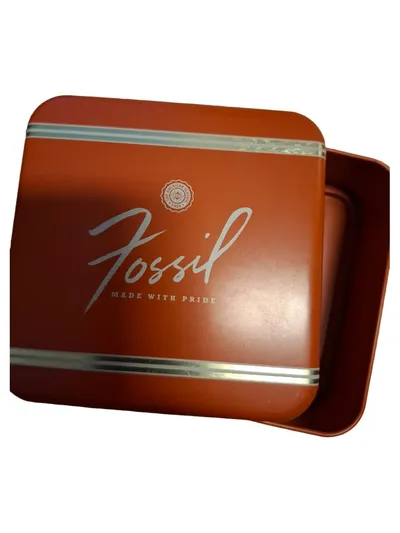 Fossil Blechdose Vintage Orange Uni Aufbewahrungsbox Logo Schriftzug 11cm