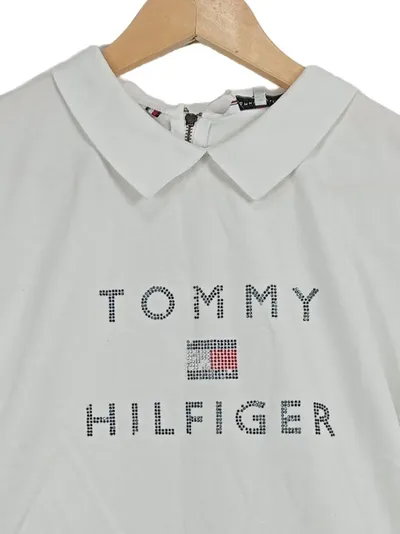 Tommy Hilfiger Damen Poloshirt Strass Logo Print Kurzarm Weiß M 40