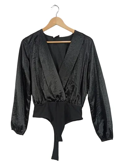 Flounce London Damen Body Gr. 38/M Schwarz Wickeloptik Langarm Elegant