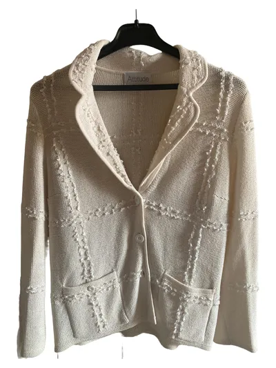 Attitude Damen Strickjacke L Beige Baumwolle Strukturmuster Klassisch Langarm