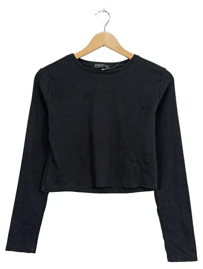 Stradivarius Damen Langarmshirt Cropped Basic Baumwolle Schwarz L