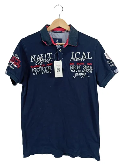 Yachting Time Poloshirt Herren Kurzarm Blau Schriftzug Stickerei Gr. S