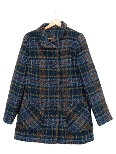 Barbara Lebek Damen Blazer Gr. 40 Kariert Blau Braun Tweed Jacke