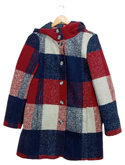 Street One Damen Mantel Gr. 36/S kariert Kapuze Wolle rot blau grau