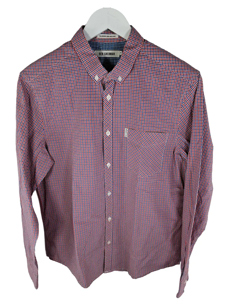 Ben Sherman Hemd Herren M Kariert Business Langarm Baumwolle Rot Blau 50 1