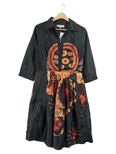 Derhy Blusenkleid Damen Gr. M Schwarz Bohemian Abstrakt Print 3/4 Arm
