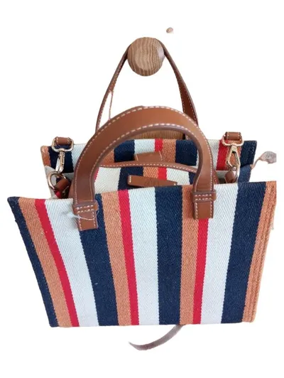 ZARA Damen Shopper Gestreifte Tragetasche Maritim Mehrfarbig Lederdetails