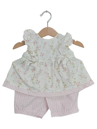 ALETTA Mädchen Baby Set Top Shorts 12 Monate 80 Blumen Gestreift Mehrfarbig