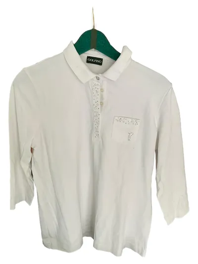 GOLFINO Damen Poloshirt 3/4-Arm Gr. 42/XL Weiß Perlen Strass Casual