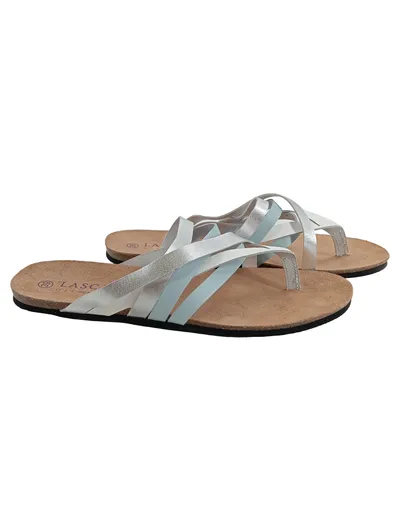LASCANA Sandalen Damen Gr. 39 Mehrfarbig Silber Blau Casual Zehentrenner