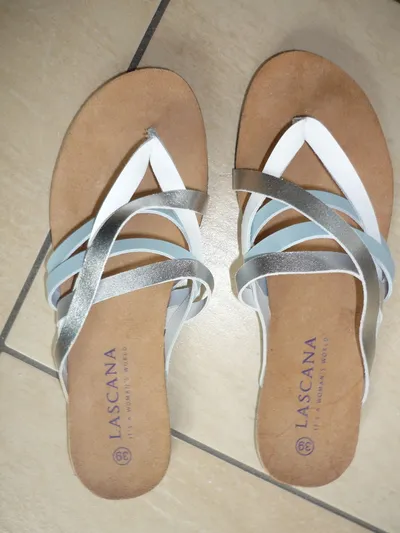 LASCANA Sandalen Damen Gr. 39 Mehrfarbig Silber Blau Casual Zehentrenner