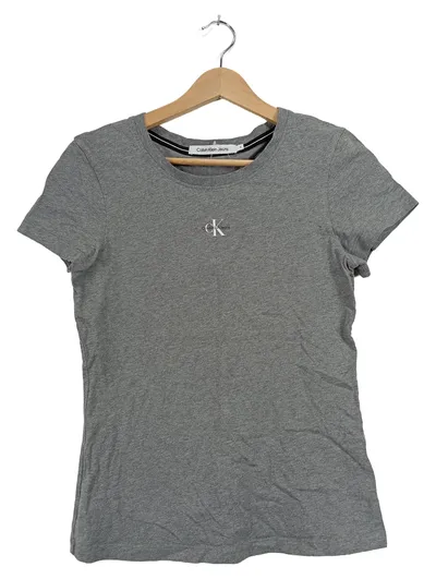Calvin Klein Jeans Damen T-Shirt Grau Gr. S Basic Logo-Print Baumwolle