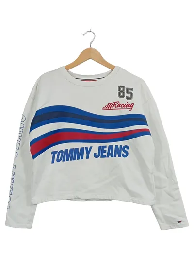 Tommy Jeans Sweatshirt Damen S Weiß Cropped Schriftzug Baumwolle Freizeit