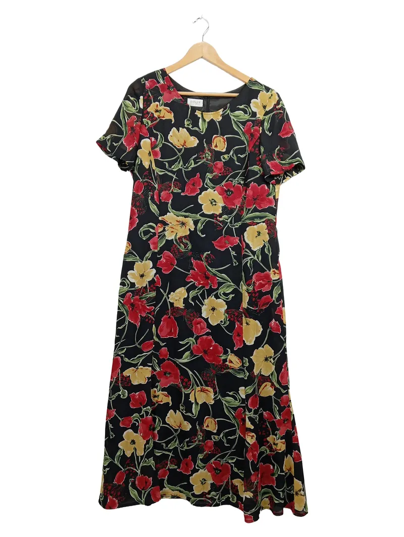 BASLER Damen Sommerkleid Gr. 42/XL Blumenmuster Schwarz Rot Gelb Maxikleid 1