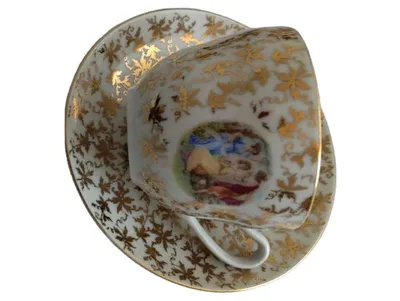 EPIAG Vintage Tasse Untertasse Weiß Florales Muster Figuren Keramik