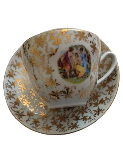 EPIAG Tasse mit Untertasse Vintage Porzellan Weiß Gold Figuren 200ml