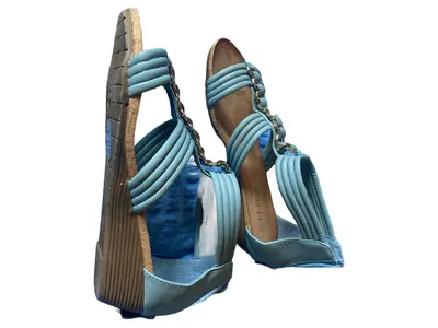 Feida Damen Sandalen Gr. 41 Blau Riemchen Keilabsatz Kunstleder