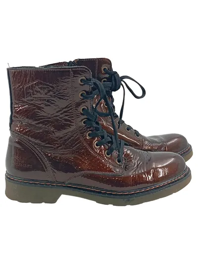 Bullboxer Damen Stiefel Gr. 41 Lackleder Braun Combat Boots Schnürung