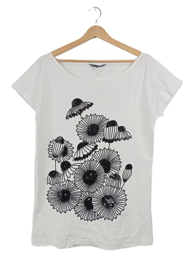 French Connection Damen T-Shirt M Blumen Pailletten Stickerei Weiß Schwarz