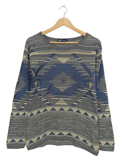 Arizona Herren Pullover Gr. 36/38 Ethno Muster Grau Blau Strick