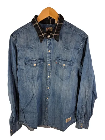 Levi's Fresh Leaves Herren Jeanshemd Denim Western Gr. M Blau Karierter Kragen