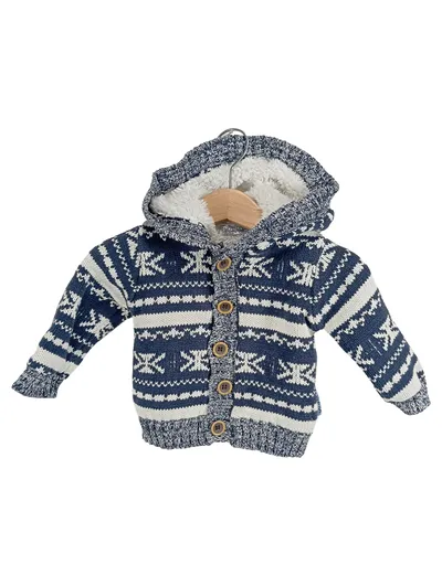 Dirkje Baby Strickjacke Kapuze Norwegermuster Blau Gr. 62 gefüttert
