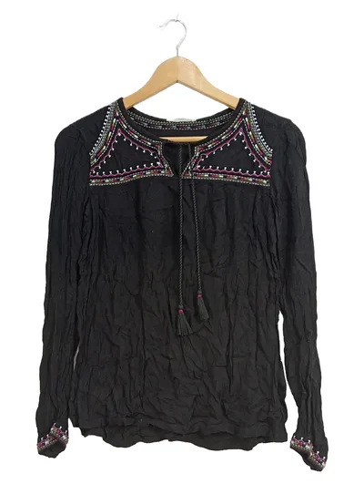 Esprit Damen Bluse XS Schwarz Boho Stickerei Quasten Ethno Langarm